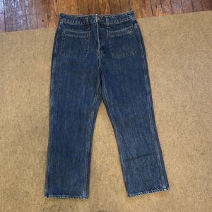 J Crew Point Sur Jeans Womens 31 High Rise Wide Leg Crop Blue Patch Pockets USA